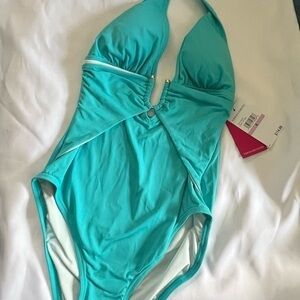 Vince Comuto One Piece Halter Bathing Suit NWT Size 6  Teal Blue Touch of White